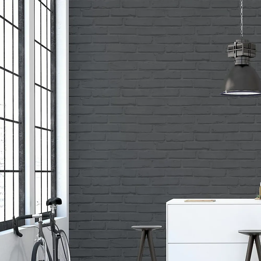 GoodHome Papier peint imitation brique vinyle sur intissé Luynes noir- Papier Peint