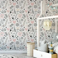 Muralo Papier Peint Intissé COEURS Brindilles Fleurs Feuilles Colorées Pour Chambre D'Enfant- Papier Peint