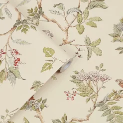 Laura Ashley Papier peint intissé Elderwood imprimé fleurs beige L.1000 x l.52cm- Papier Peint