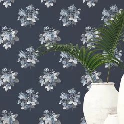 Lutece Papier peint intissé Jardin Secret mat et satiné fleurs bleu, bleu nuit l.1000 x l.53 cm- Papier Peint