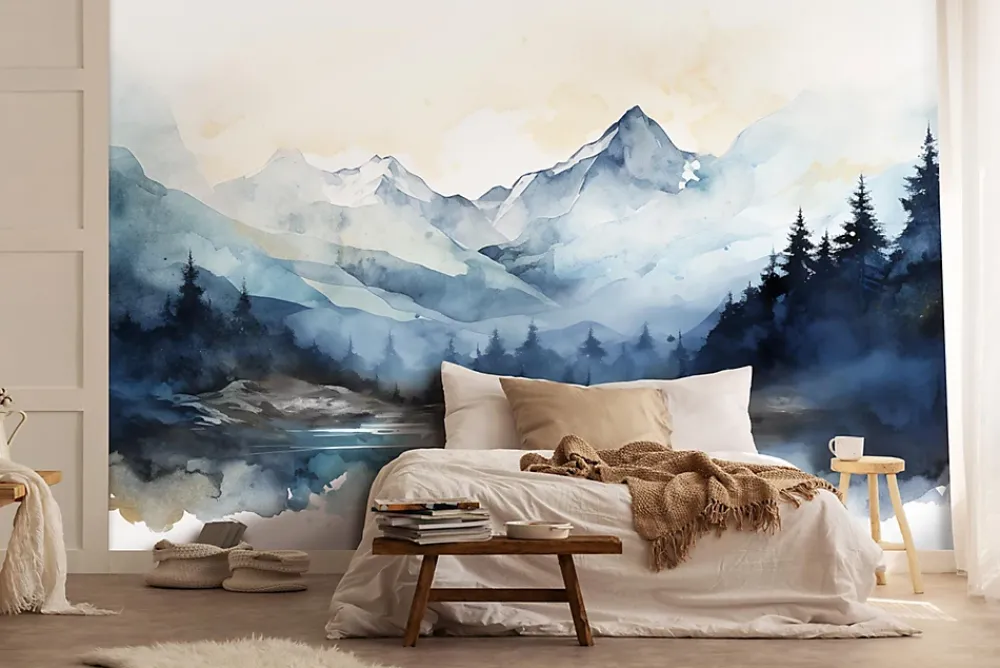 Wallarena Papier Peint Panoramique<Papier Peint Intissé Panoramique Montagnes Aquarelle 300x210 cm - Colle Inclus - Chambre et Salon - Bleu Blanc