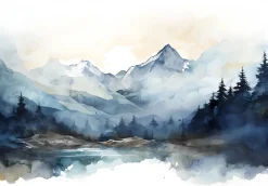 Wallarena Papier Peint Intissé Panoramique Montagnes Aquarelle 350x250 cm - Colle Inclus - Chambre et Salon - Bleu Blanc- Papier Peint Panoramique