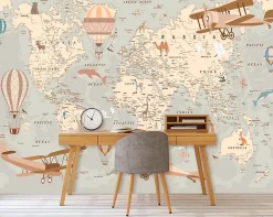 Wallarena Papier Peint Panoramique<Papier Peint Intissé Panoramique Enfant Carte du monde 350x250 cm - Colle Inclus - Papier Peint Enfant Beige