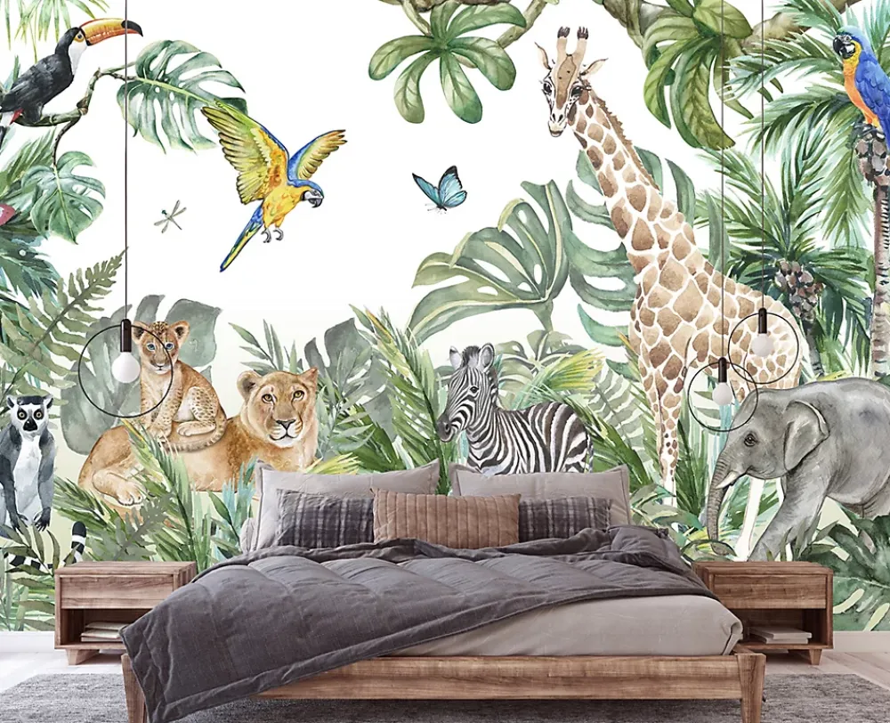 Wallarena Papier Peint Panoramique<Papier Peint Intissé Panoramique Enfants Jungle Animaux 368x254 cm - Colle Inclus - Chambre et Salon - Moderne Trompe l'oeil