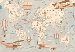 Wallarena Papier Peint Panoramique<Papier Peint Intissé Panoramique Enfant Carte du monde 300x210 cm - Colle Inclus - Papier Peint Enfant Beige
