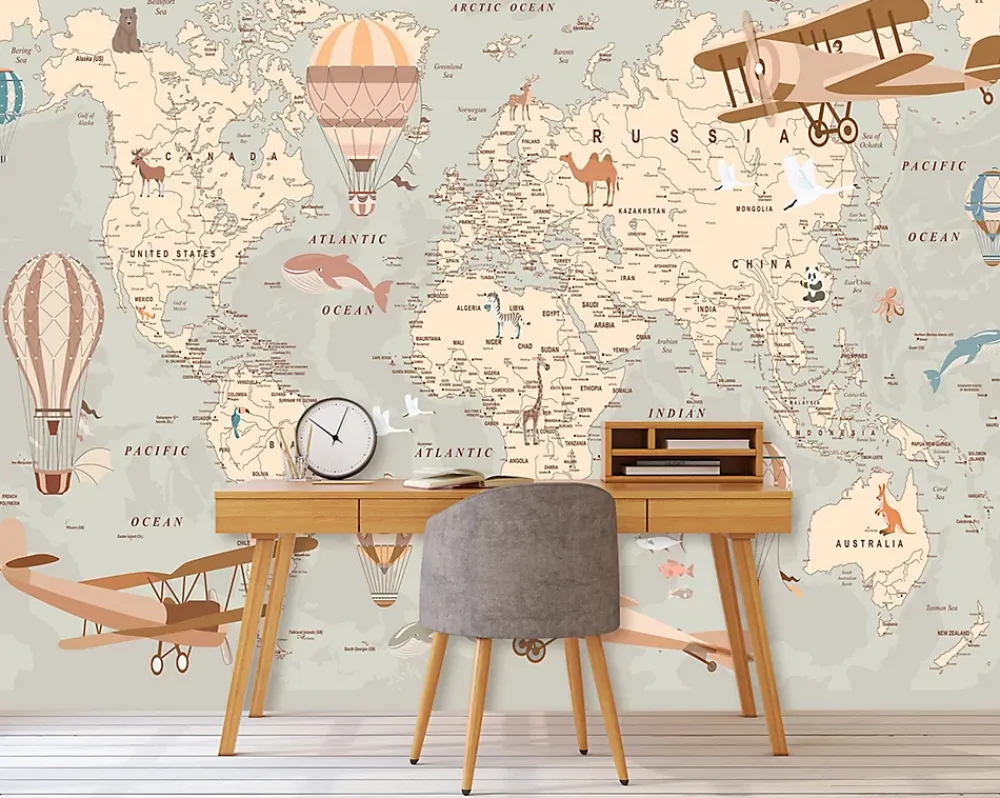 Wallarena Papier Peint Panoramique<Papier Peint Intissé Panoramique Enfant Carte du monde 300x210 cm - Colle Inclus - Papier Peint Enfant Beige