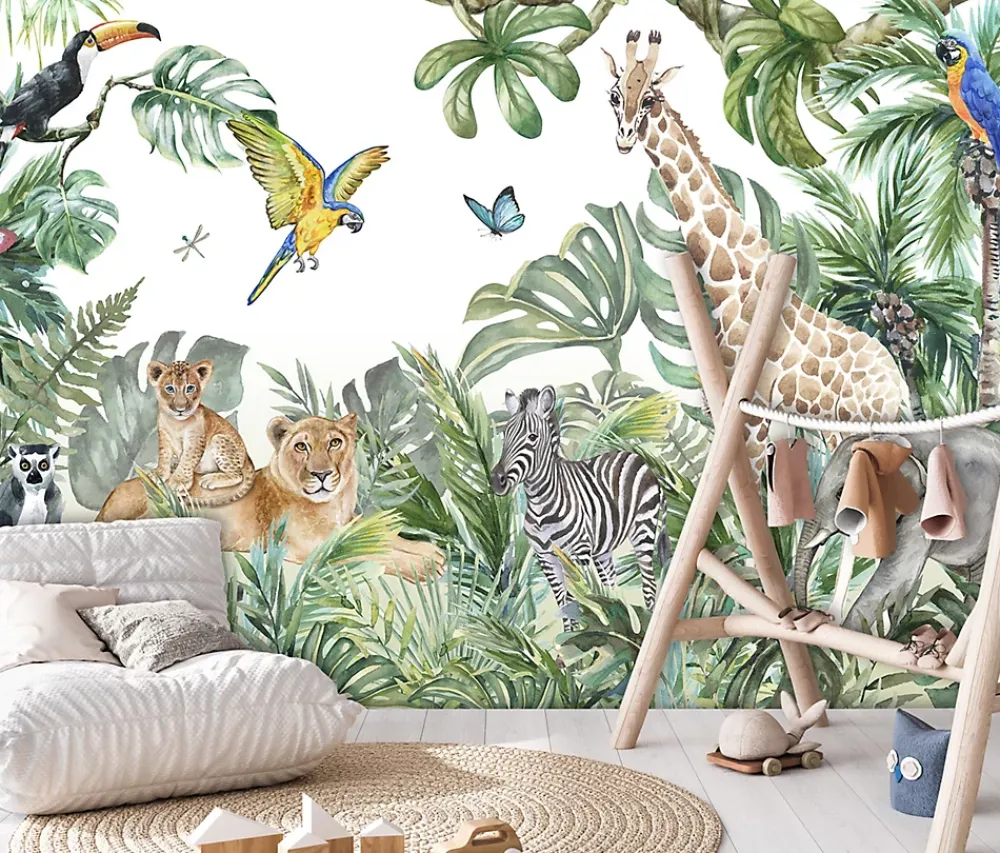 Wallarena Papier Peint Panoramique<Papier Peint Intissé Panoramique Enfants Jungle Animaux 400x280 cm - Colle Inclus - Papier Peint Chambre Enfant Vert Blanc