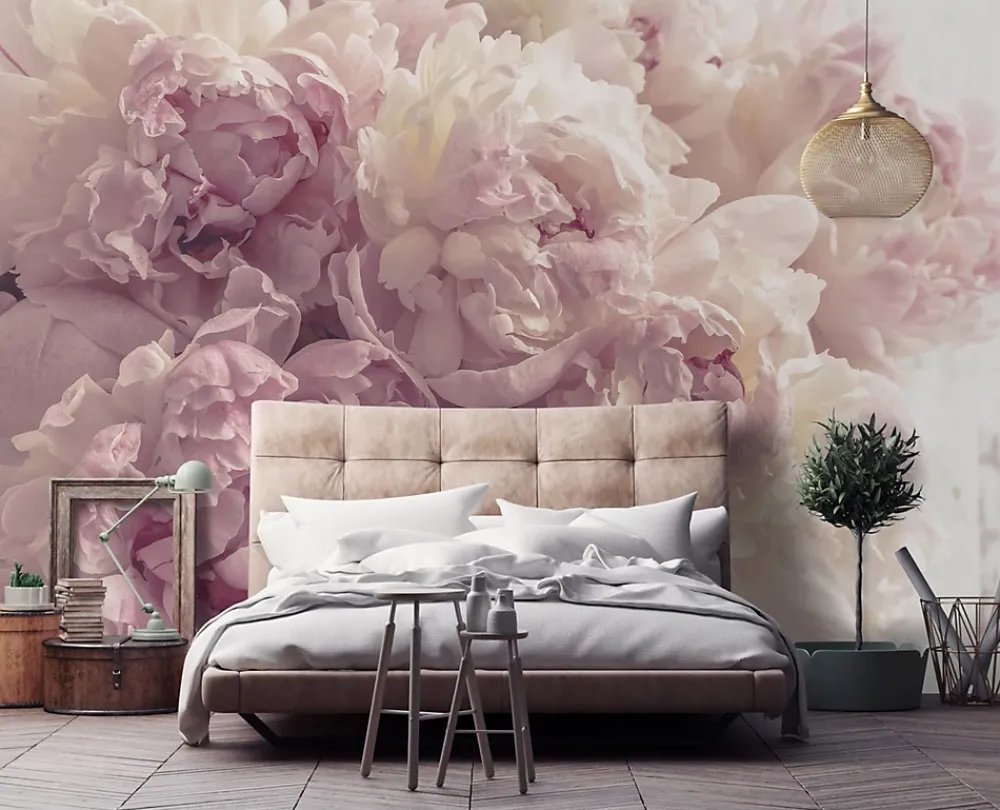 Wallarena Papier Peint Intissé Panoramique Fleurs Pivoines Rose 400x280 cm - Colle Inclus - Chambre et Salon - Moderne Trompe l'oeil- Papier Peint Panoramique