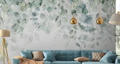 Muralo Papier Peint Panoramique<Papier Peint Intissé Photo FEUILLES Plantes Aquarelle Nature Pour Chambre 360cm x 240cm
