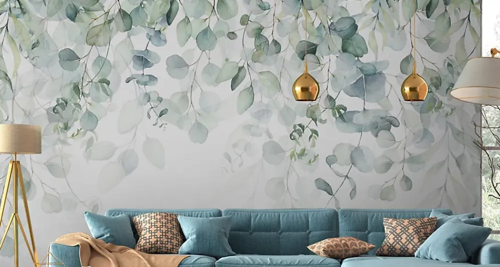 Muralo Papier Peint Panoramique<Papier Peint Intissé Photo FEUILLES Plantes Aquarelle Nature Pour Chambre 360cm x 240cm