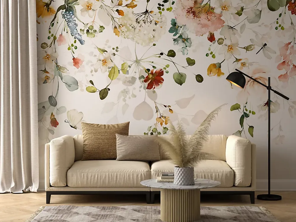 Muralo Papier Peint Intissé Photo Pour Salon FLEURS Colorées Feuilles Plantes Nature 270cm x 180cm- Papier Peint Panoramique