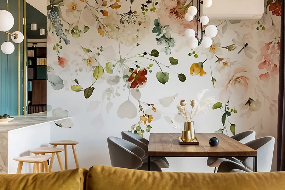 Muralo Papier Peint Intissé Photo Pour Salon FLEURS Colorées Feuilles Plantes Nature 270cm x 180cm- Papier Peint Panoramique