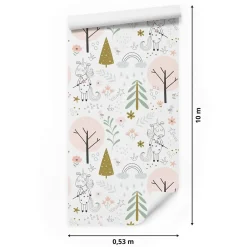 Muralo Papier Peint<Papier Peint Intissé Pour Chambre D'Enfant LICORNES Animaux Arbres Feuilles