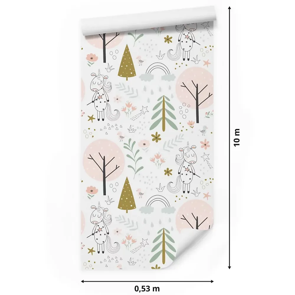 Muralo Papier Peint<Papier Peint Intissé Pour Chambre D'Enfant LICORNES Animaux Arbres Feuilles