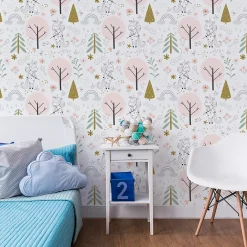 Muralo Papier Peint<Papier Peint Intissé Pour Chambre D'Enfant LICORNES Animaux Arbres Feuilles