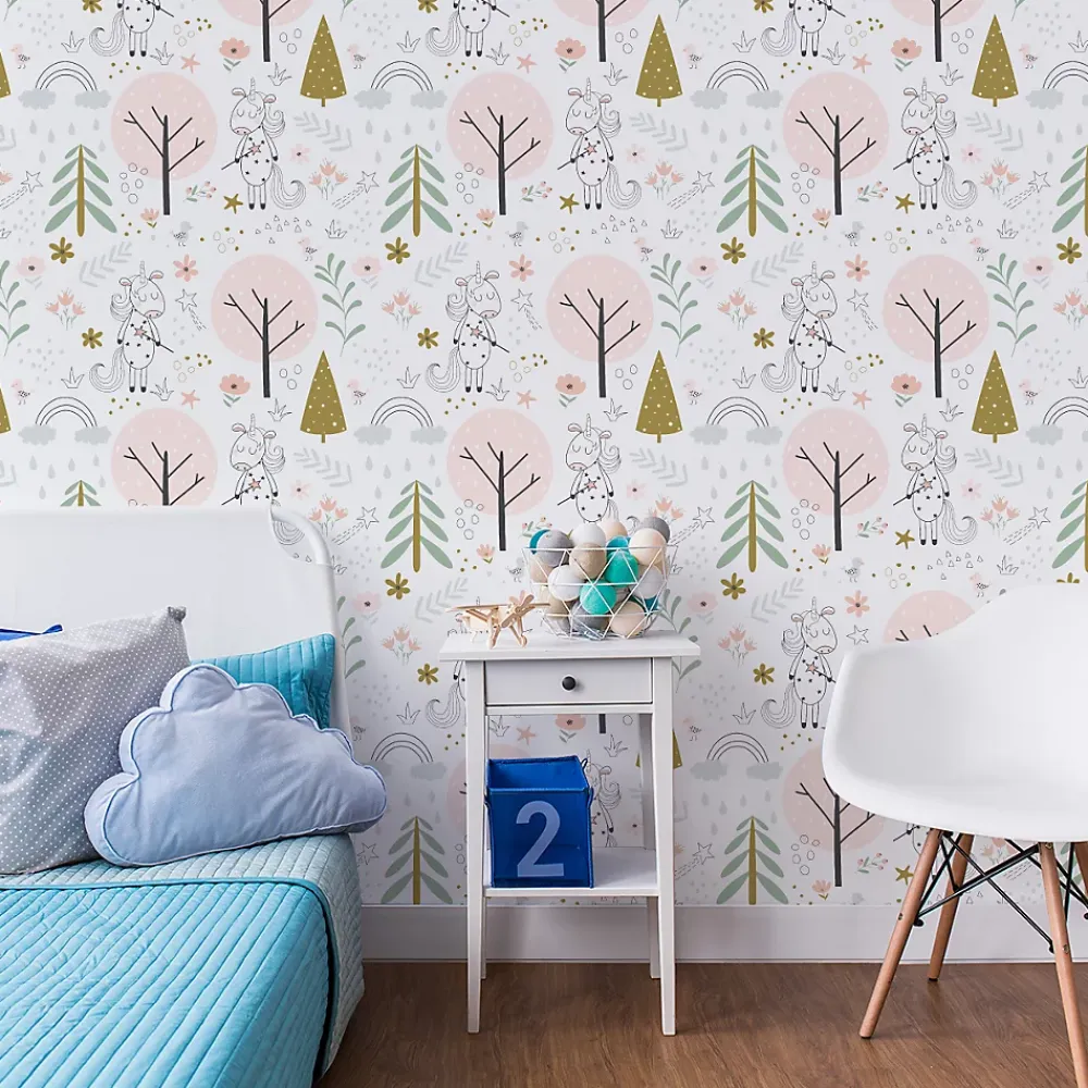 Muralo Papier Peint<Papier Peint Intissé Pour Chambre D'Enfant LICORNES Animaux Arbres Feuilles