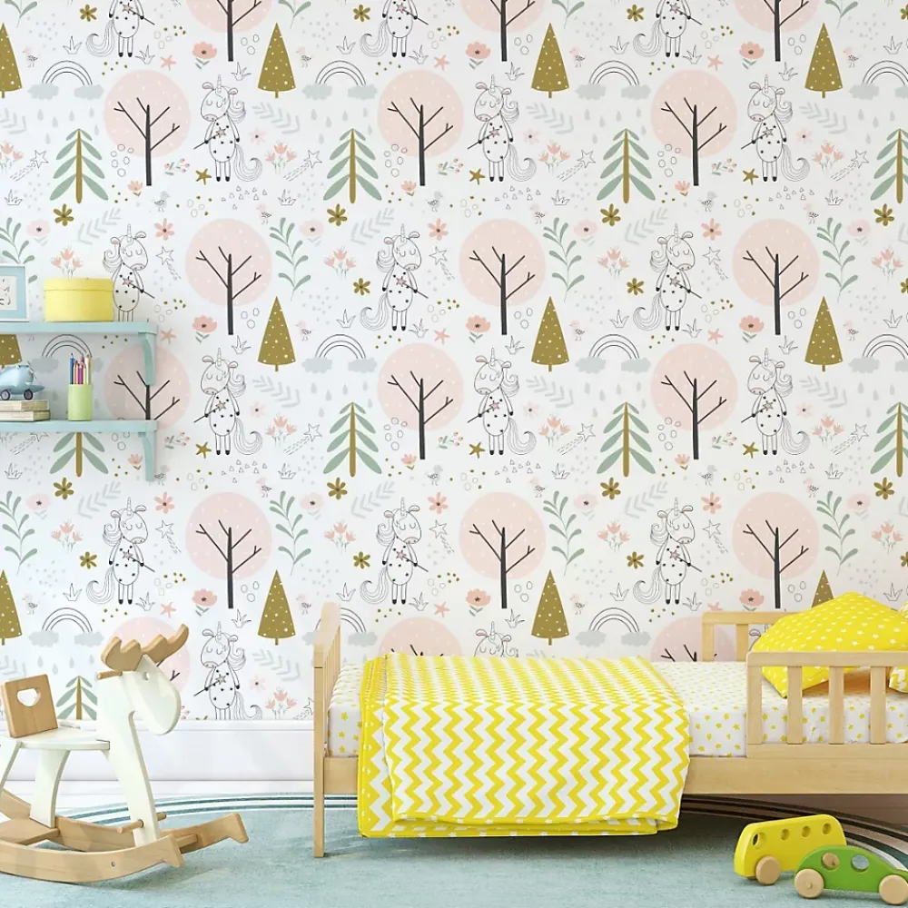 Muralo Papier Peint<Papier Peint Intissé Pour Chambre D'Enfant LICORNES Animaux Arbres Feuilles