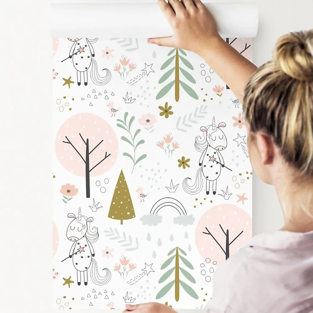 Muralo Papier Peint<Papier Peint Intissé Pour Chambre D'Enfant LICORNES Animaux Arbres Feuilles