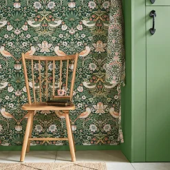 William Morris Papier peint intissé Strawberry thief imprimé fleurs, oiseaux vert L.1000 x l.52cm- Papier Peint
