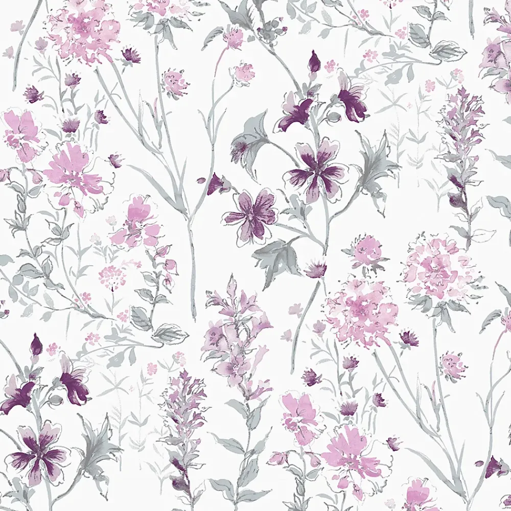 Laura Ashley Papier peint intissé Wild meadow imprimé fleurs iris blanc, violet L.1000 x l.52cm- Papier Peint