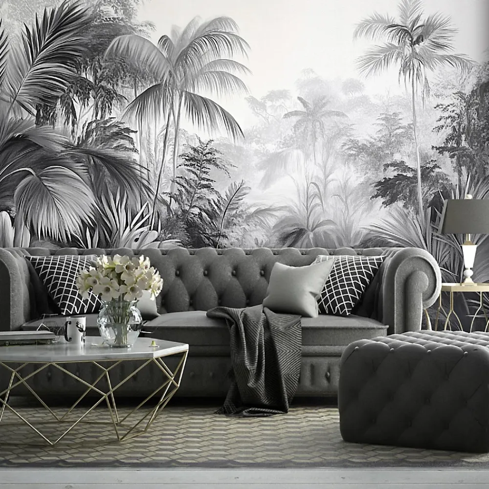 Wallarena Papier Peint Panoramique<Papier Peint Noir et blanc Jungle Panoramique Intissé 350x250 cm - Colle Inclus - Moderne Papier Peint Intissé Chambre Salon