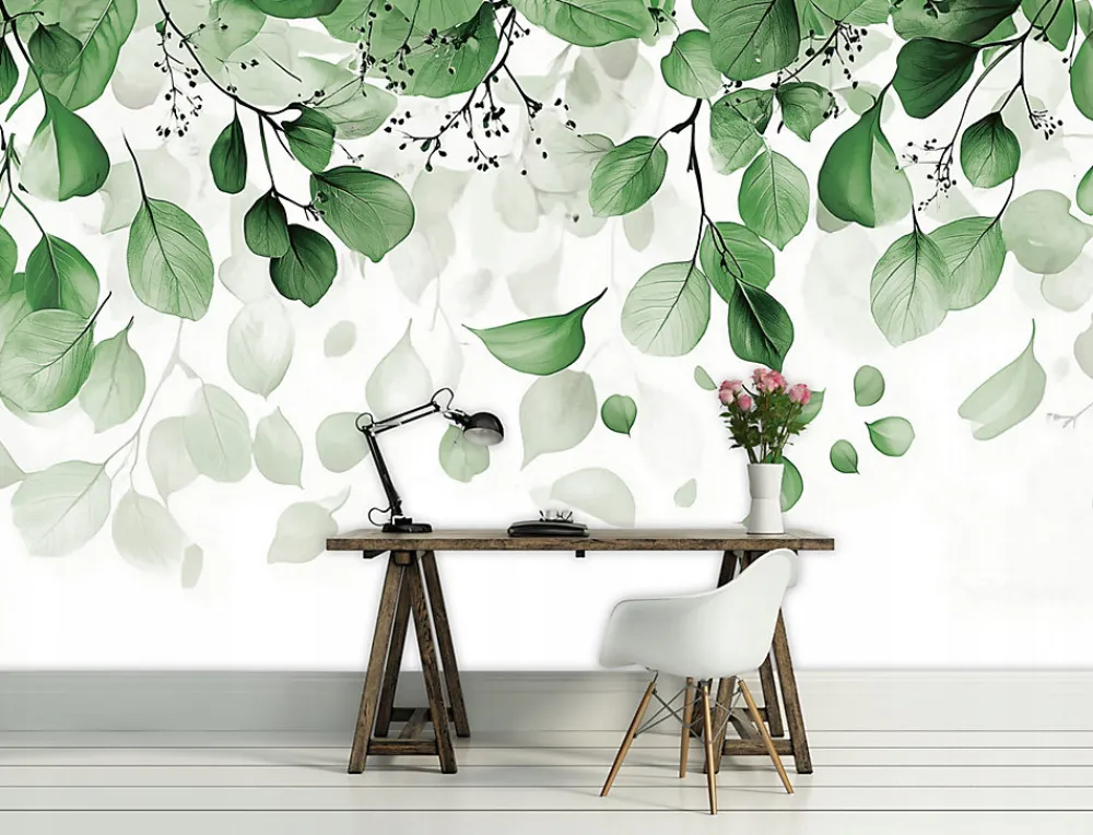 Wallarena Papier Peint Panoramique Intissé Blanc Vert Feuilles 400x280 cm - Colle Inclus - Moderne XXL Papier Peint por Chambre Salon- Papier Peint Panoramique