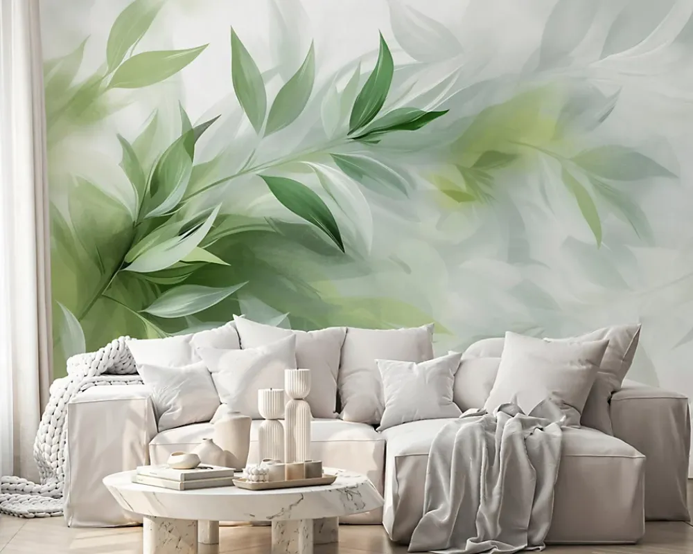 Wallarena Papier Peint Panoramique Intissé Feuilles Abstrait Vert - 254x184 cm - Papier Peint Chambre et salon- Papier Peint Panoramique
