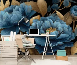 Wallarena Papier Peint Panoramique<Papier Peint Panoramique Intissé Fleurs Feuilles Bleu - 350x250 cm - Papier Peint Chambre et salon