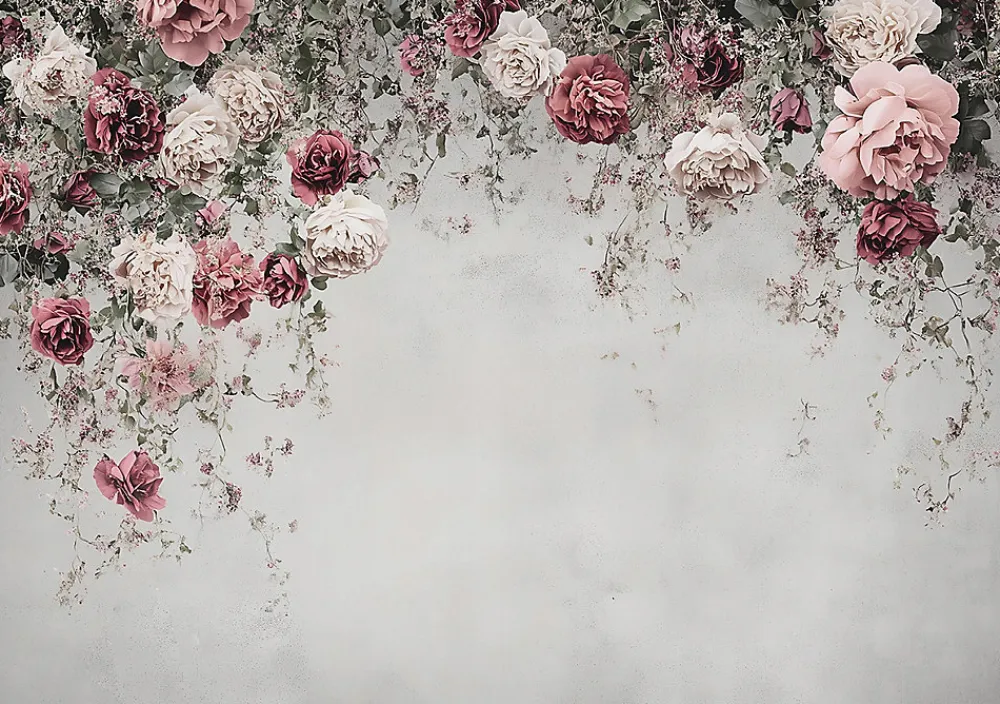 Wallarena Papier Peint Panoramique<Papier Peint Panoramique Intissé Fleurs Floral Béton 350x250 cm - Colle Inclus - Moderne Papier Peint Intissé Chambre Salon