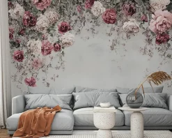 Wallarena Papier Peint Panoramique<Papier Peint Panoramique Intissé Fleurs Floral Béton 350x250 cm - Colle Inclus - Moderne Papier Peint Intissé Chambre Salon