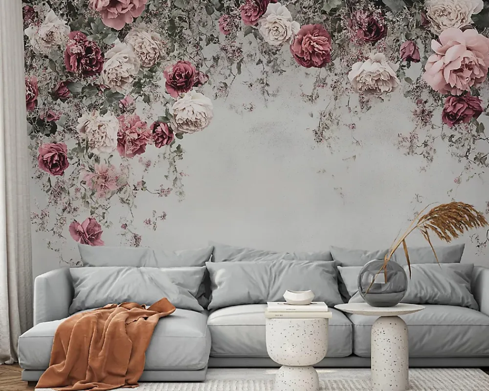 Wallarena Papier Peint Panoramique<Papier Peint Panoramique Intissé Fleurs Floral Béton 350x250 cm - Colle Inclus - Moderne Papier Peint Intissé Chambre Salon