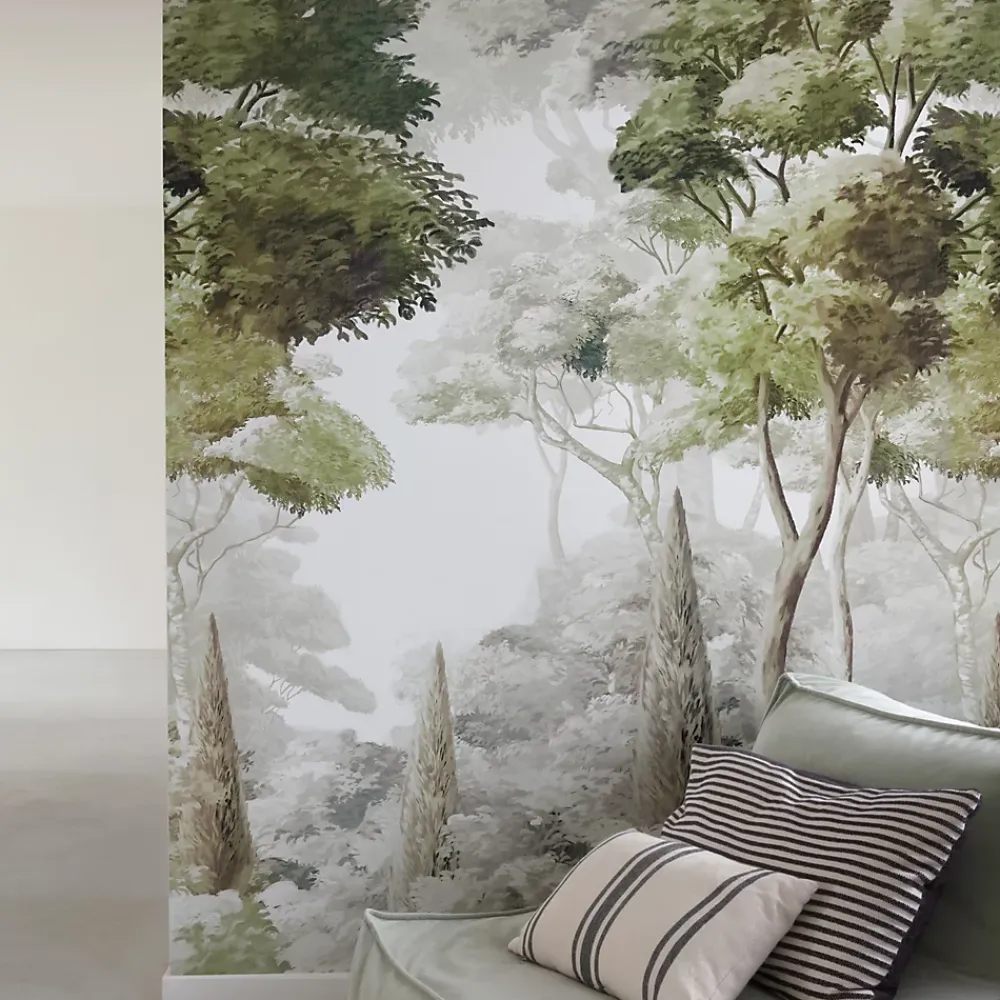 Grandeco Papier peint panoramique intissé paysage fôret vert, gris, 3 lés, L.280 x l.159 cm- Papier Peint Panoramique