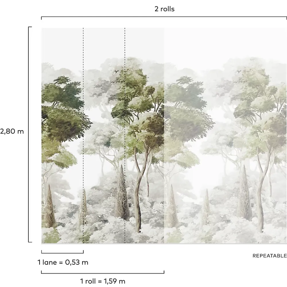 Grandeco Papier peint panoramique intissé paysage fôret vert, gris, 3 lés, L.280 x l.159 cm- Papier Peint Panoramique