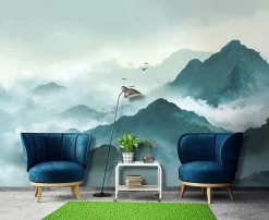 Wallarena Papier Peint Panoramique Intissé montagnes Brouillard Vert - 350x250 cm - Papier Peint Chambre et salon- Papier Peint Panoramique