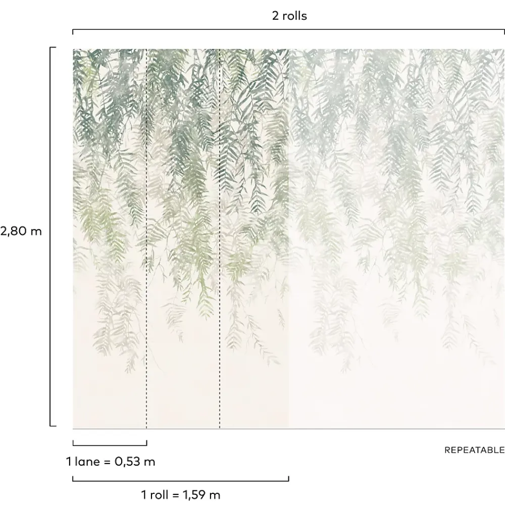 Grandeco Papier peint panoramique intissé feuillage vert, 2 lés, L.280 x l.159 cm Wisteria- Papier Peint Panoramique