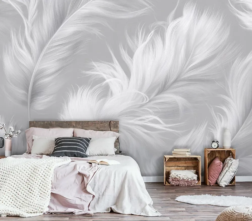 Wallarena Papier Peint Panoramique<Papier Peint Panoramique Intissé Plumes Abstrait Gris - 350x250 cm - Papier Peint Chambre et salon