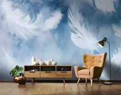 Wallarena Papier Peint Panoramique Intissé Plumes Abstrait Bleu - 300x210 cm - Papier Peint Chambre et salon- Papier Peint Panoramique