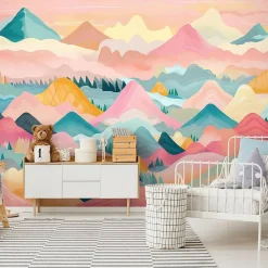 Wallarena Papier Peint Panoramique Intissé Montagnes Nuages Rose - 368x254 cm - Papier Peint Enfant- Papier Peint Panoramique