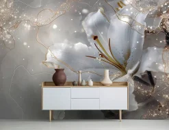 Wallarena Papier Peint Panoramique<Papier Peint Panoramique Intissé Fleurs Lys Beige - 400x280 cm - Papier Peint Chambre et salon