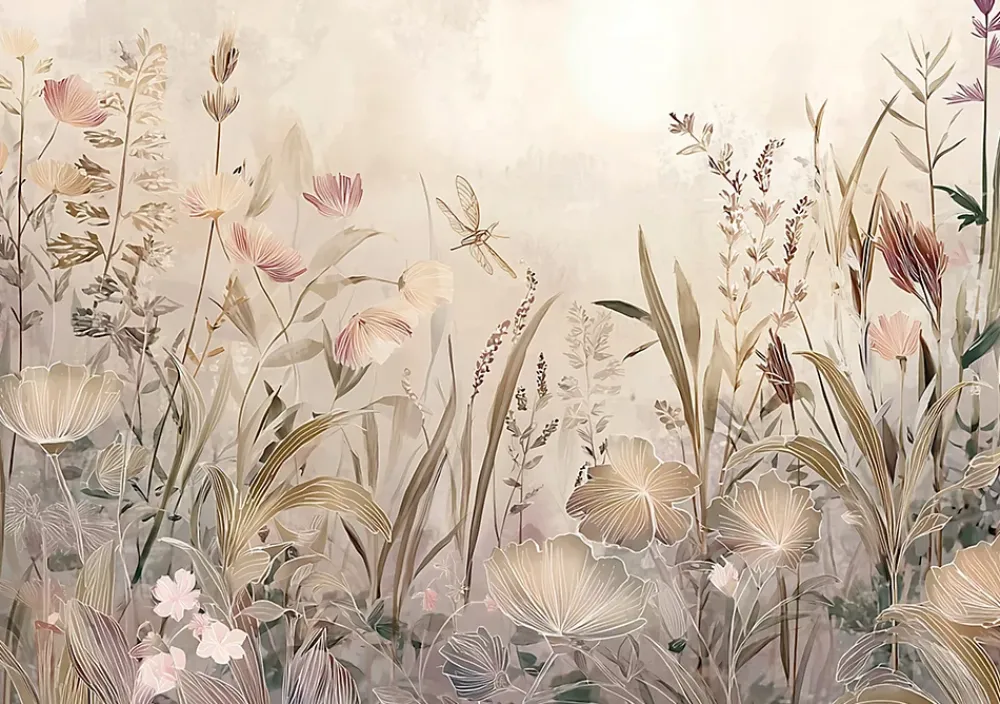 Wallarena Papier Peint Panoramique<Papier Peint Panoramique Intissé Fleurs Prairie Beige - 350x250 cm - Papier Peint Chambre et salon
