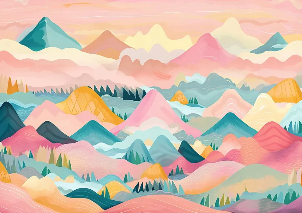 Wallarena Papier Peint Panoramique<Papier Peint Panoramique Intissé Montagnes Nuages Rose - 416x254 cm - Papier Peint Enfant