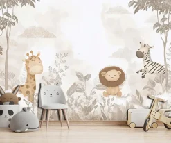 Wallarena Papier Peint Panoramique Intissé Jungle Animaux Beige - 350x250 cm - Papier Peint Enfant- Papier Peint Panoramique