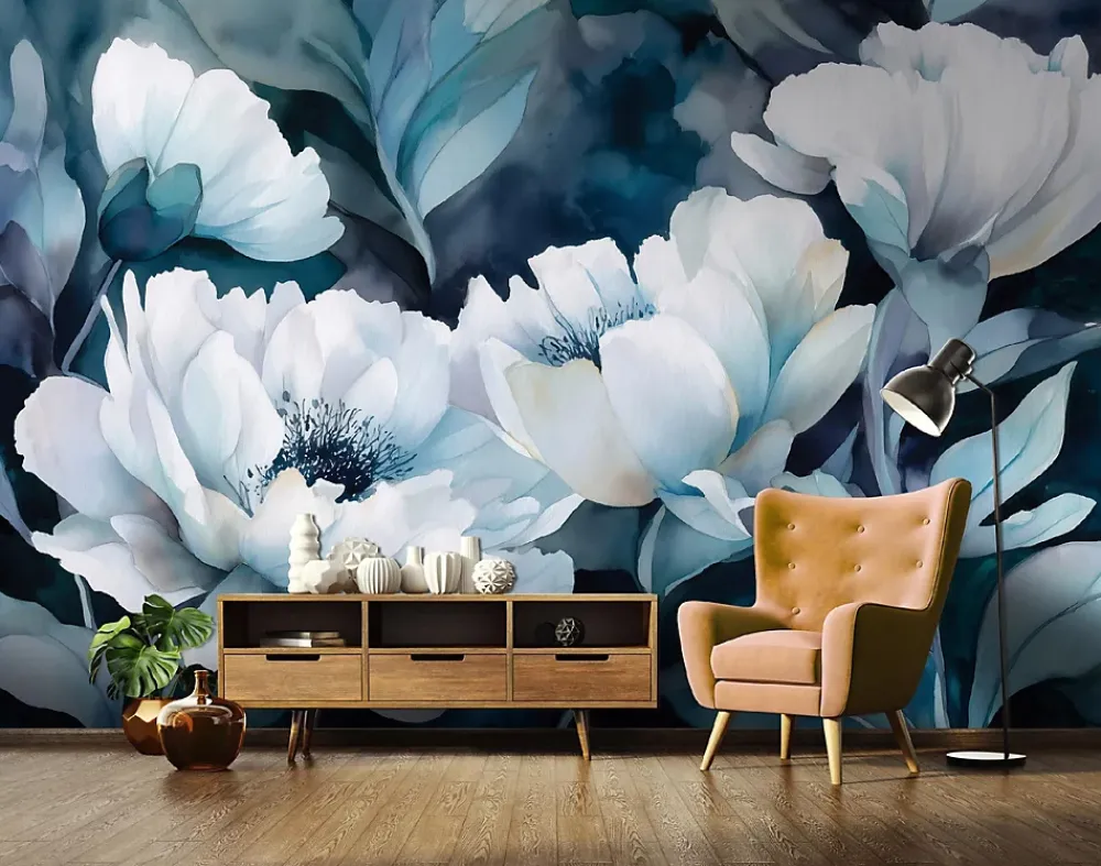Wallarena Papier Peint Panoramique Intissé Fleurs Abstrait Bleu - 300x210 cm - Papier Peint Chambre et salon- Papier Peint Panoramique