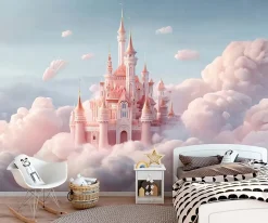 Wallarena Papier Peint Panoramique Fille Château Rose - 350x250 cm - Papier Peint Enfant- Papier Peint Panoramique
