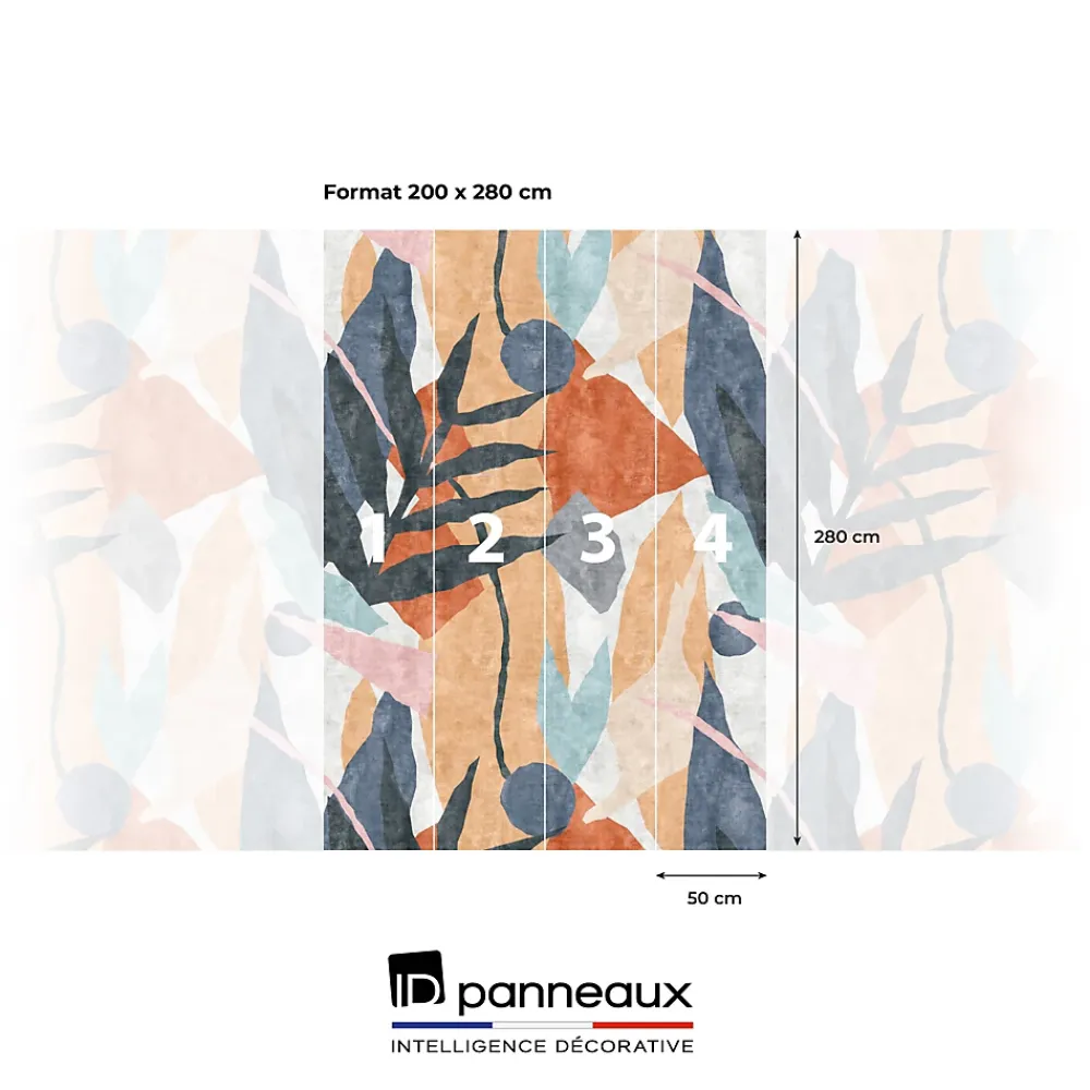 IDPanneaux Papier peint panoramique intissé géométrique gris, bleu, orange, 4lés, L.280 x l.200cm- Papier Peint Panoramique