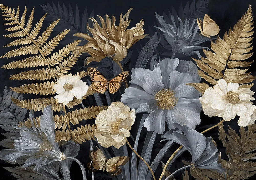 Wallarena Papier Peint Panoramique Intissé Feuilles Fleurs Gris - 400x280 cm - Papier Peint Chambre et salon- Papier Peint Panoramique