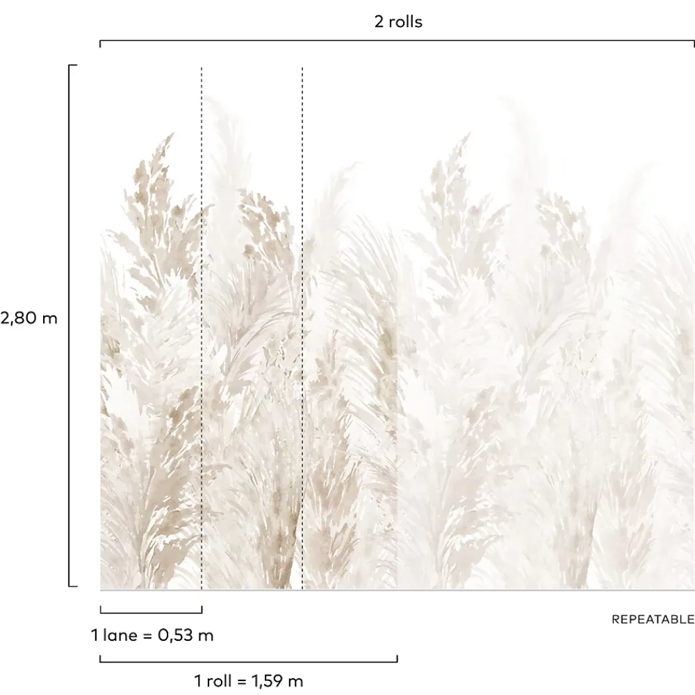 Grandeco Papier Peint Panoramique<Papier peint panoramique intissé pampas beige, 3 lés, L.280 x l.159 cm