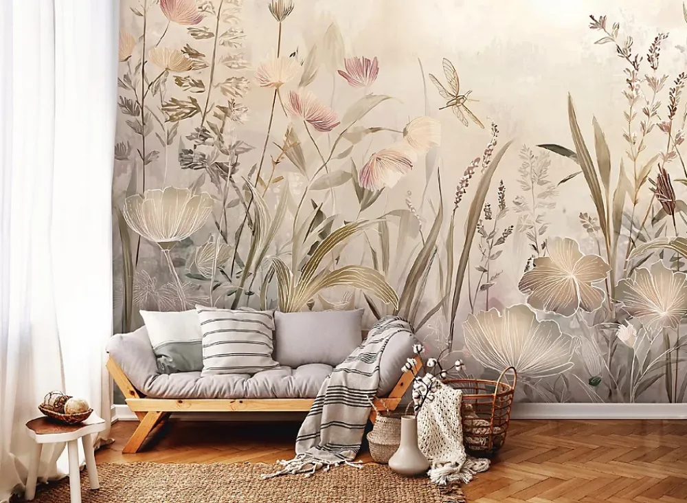 Wallarena Papier Peint Panoramique<Papier Peint Panoramique Intissé Fleurs Prairie Beige - 300x210 cm - Papier Peint Chambre et salon