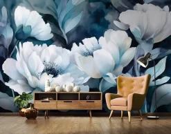 Wallarena Papier Peint Panoramique<Papier Peint Panoramique Intissé Fleurs Abstrait Bleu - 350x250 cm - Papier Peint Chambre et salon