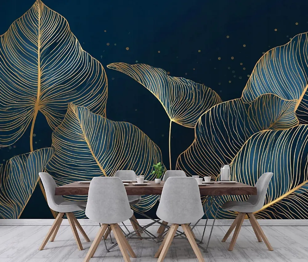 Wallarena Papier Peint Panoramique Intissé Feuilles Glamour Bleu - 350x250 cm - Papier Peint Chambre et salon- Papier Peint Panoramique